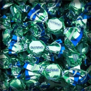 Glitterati Mints wrapped in shiny green and blue foil
