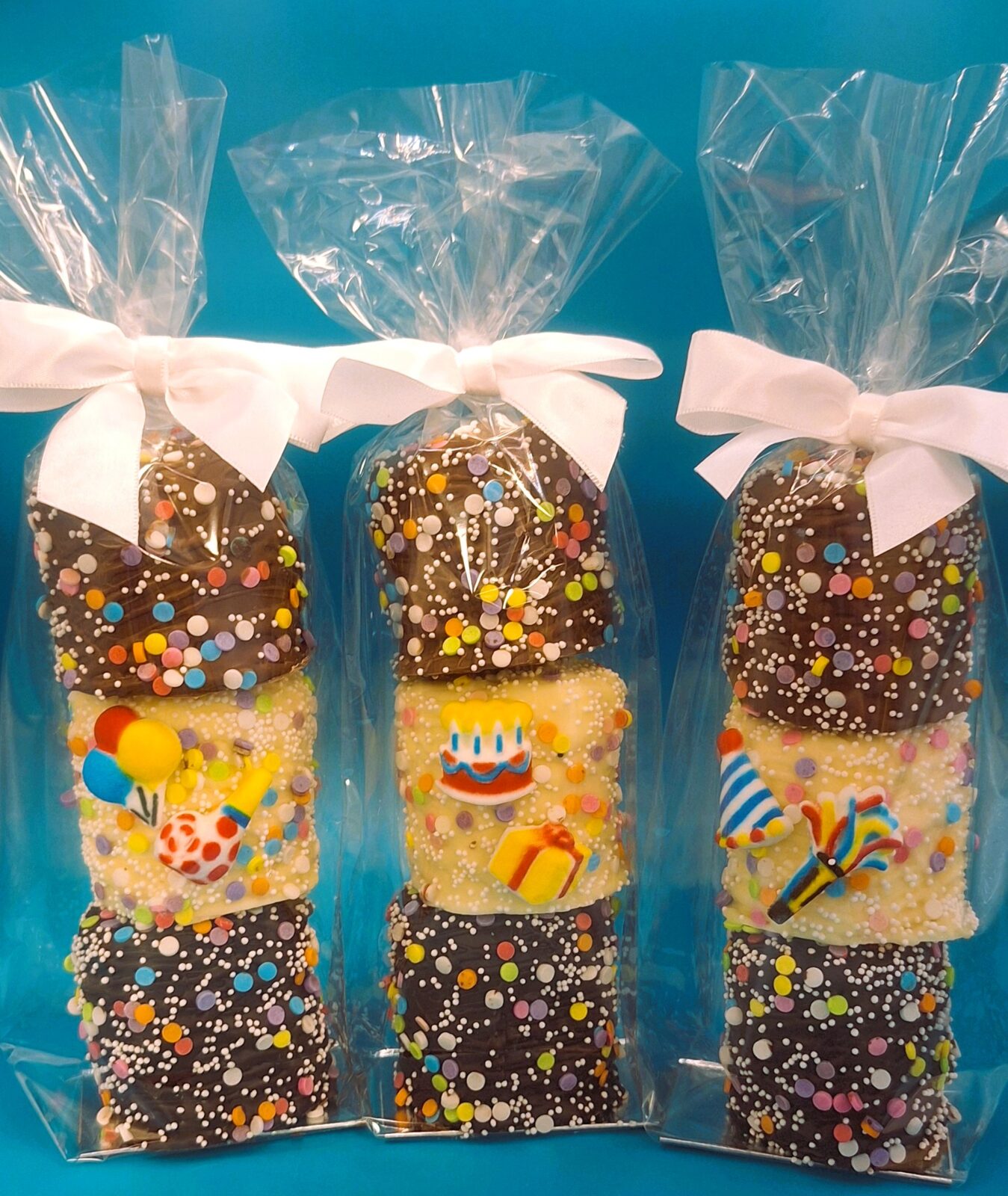 Happy Birthday themed and sprinkled Jumbo Chocolate Dipped Marshmallows