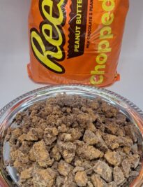 Chopped Reeses Peanut Butter Cups on a display platter