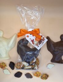 Gourmet Chocolate Turkey - Thanksgiving Table favors in Milk, white and dark chocolate turkeys with homemade nonpareils shaped as leaves.