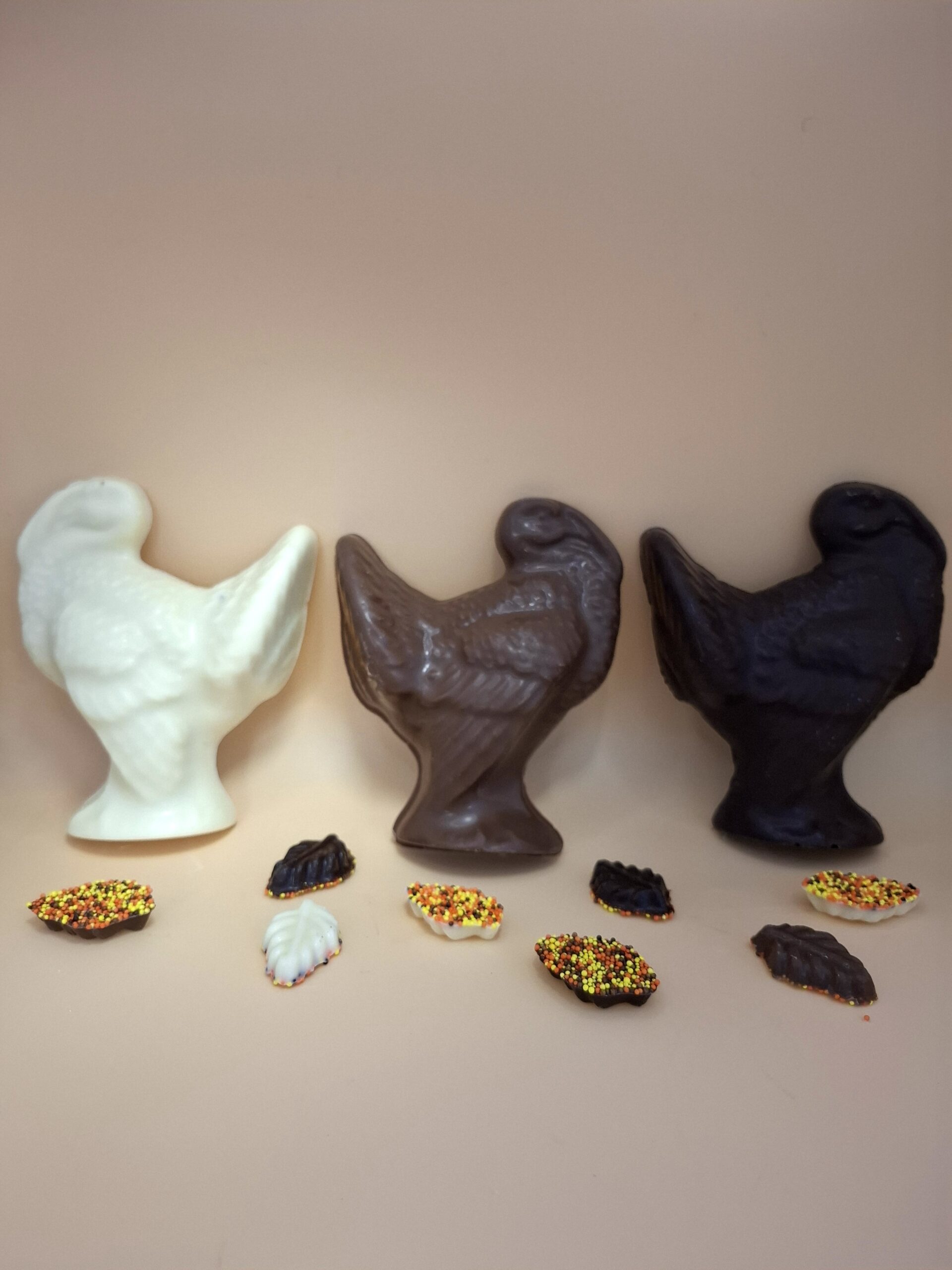 Gourmet Chocolate Turkey - Thanksgiving Table favors in Milk, white and dark chocolate turkeys with homemade nonpareils shaped as leaves.