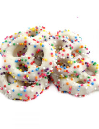White Chocolate Rainbow Nonpareil Covered pretzels