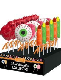 Halloween body part lollipops that come in different flavors and body parts as a brain, eyeball, heart or witch fingers.