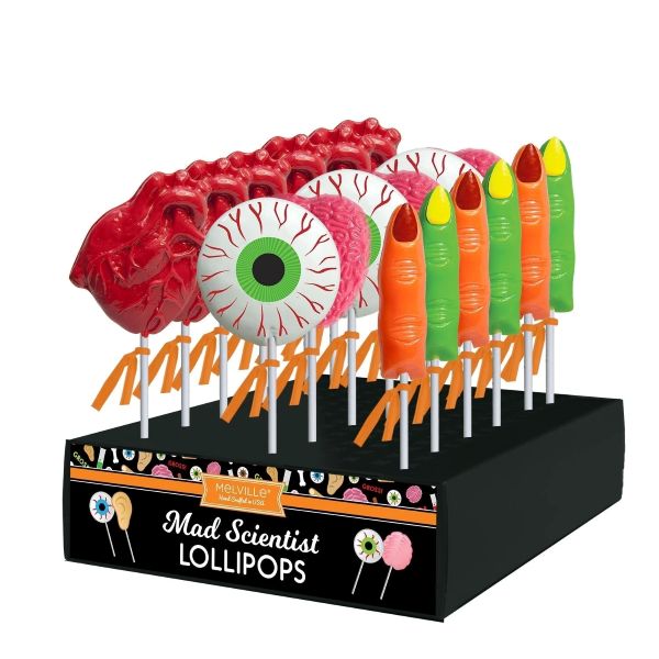 Halloween body part lollipops that come in different flavors and body parts as a brain, eyeball, heart or witch fingers.