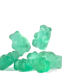 light blue watermelon gummy bears with the letter A on their bellies