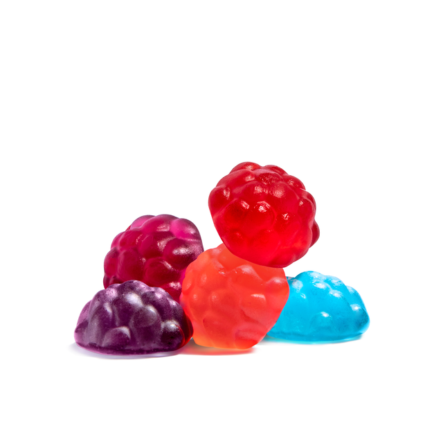 Mixed Gummy Berries of blue, purple, red and pink hues