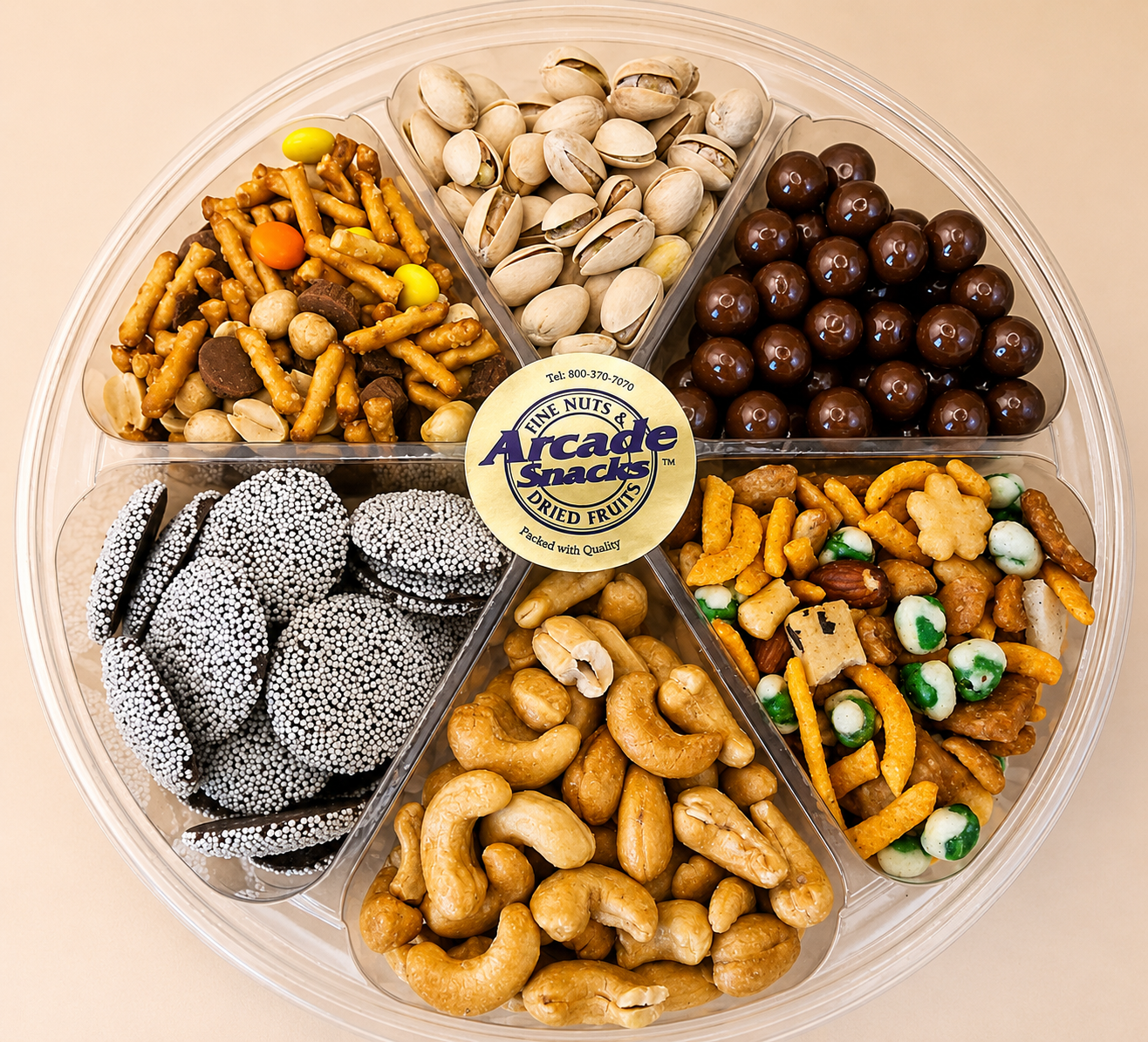 Arcade Favorites Gourmet Gift Tray is a six section tray of snacks, chocolates, and nuts