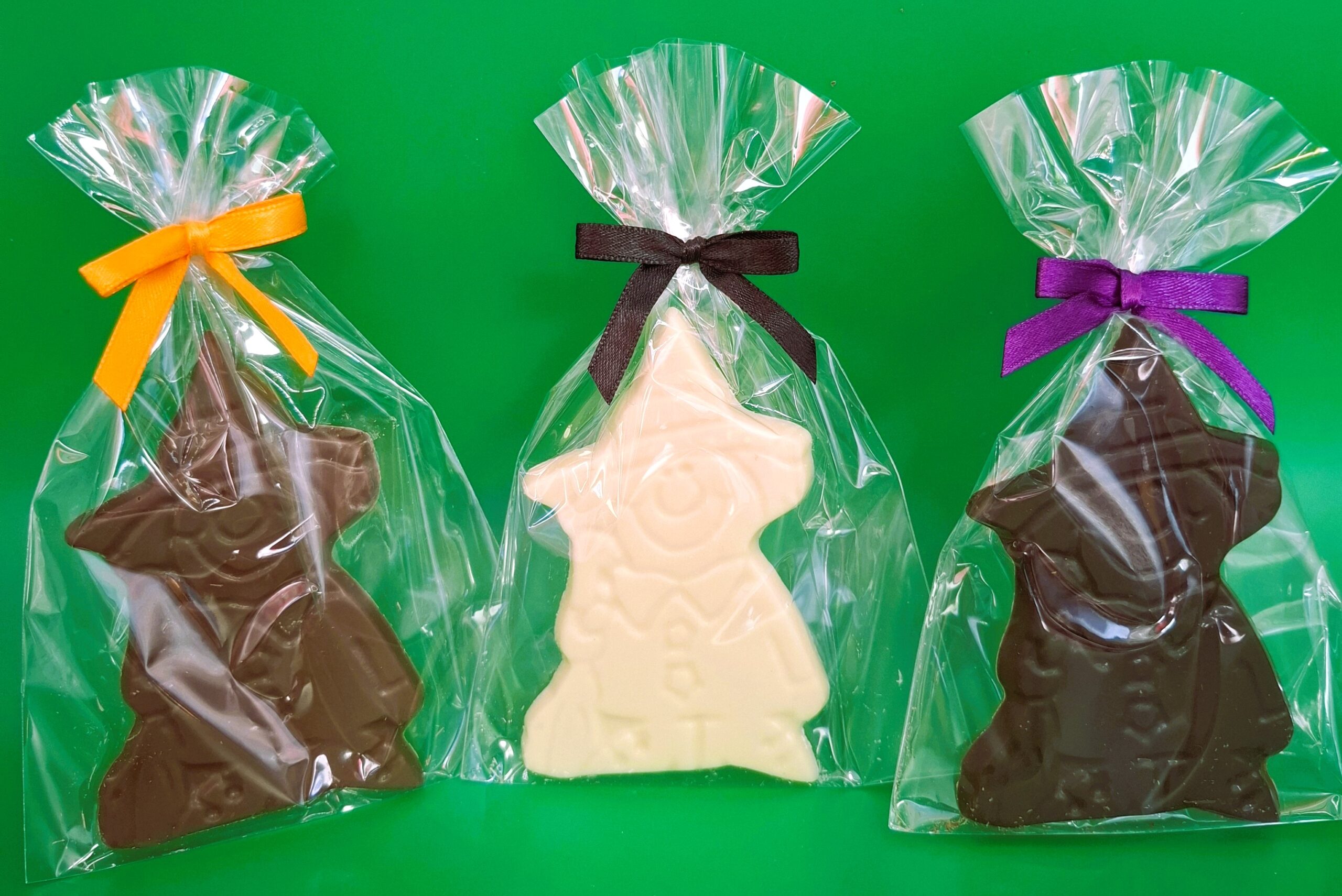 Solid Chocolate witches in milk, dark and white chocolate