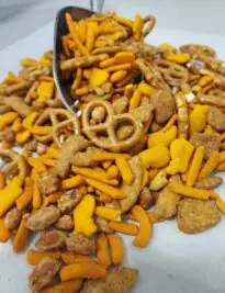 Crunchy Nacho Mix with pretzels, cheddar whales, honey sesame chips, peanuts