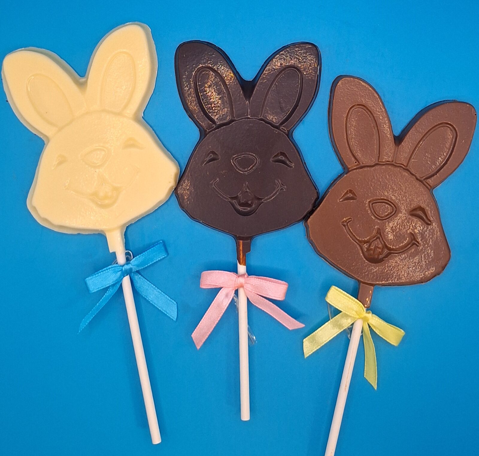 White dark and milk chocolate Easter bunny pops