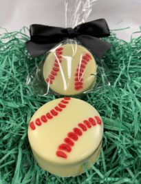 White chocolate covered oreo baseball with red stitching