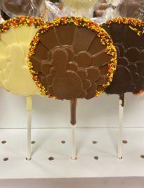 Milk, dark and white chocolate popsicles festive turkey pops