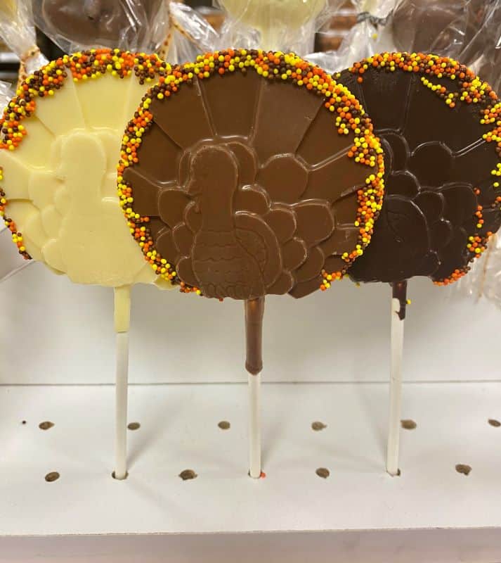 Milk, dark and white chocolate popsicles festive turkey pops