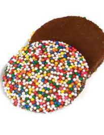 Milk chocolate nonpareils are disks with Rainbow sprinkles.
